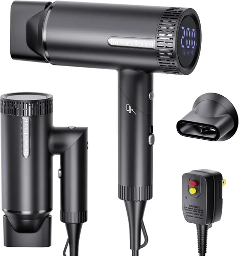 Secador de pelo, secador iónico de alta velocidad, potente motor de 1600 vatios para secado rápido y cabello lacio y ondulado, plegable, ligero con