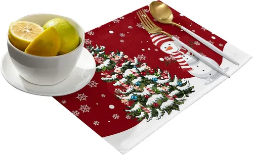 Miniatura 2 de Juego de 6 manteles individuales de Navidad, muñeco de nieve, copo de nieve, árbol de Navidad, resistentes al calor, para mesa de comedor, lino