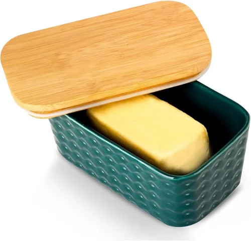 Miniatura 16 de Hasense Mantequillera de cerámica con tapa, recipiente grande para mantequilla hermética para encimera, patrón azul marino en relieve, fácil
