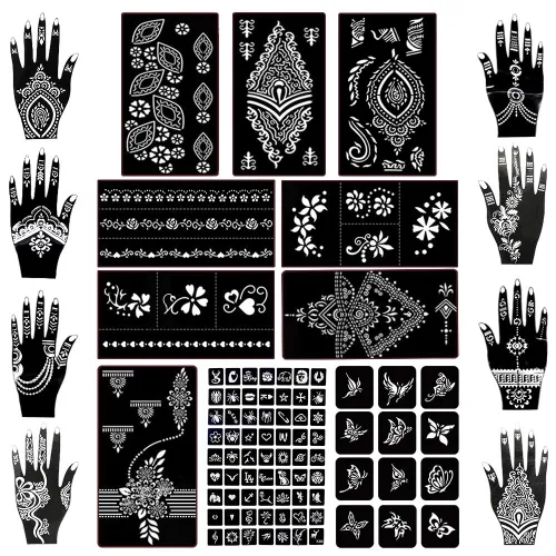 Koogel Kit de plantillas de tatuaje de henna de 18 hojas, 97 plantillas de tatuaje con brillantina temporal para pintura facial y arte corporal