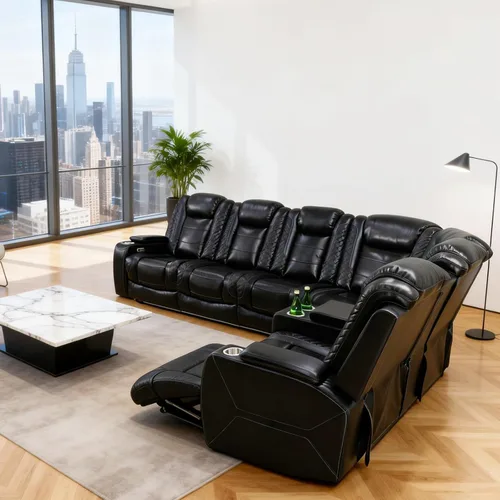 Miniatura 4 de Sofá modular reclinable eléctrico para sala de estar, moderno juego de sofá modular de cuero negro en forma de L, juego de sofá reclinable