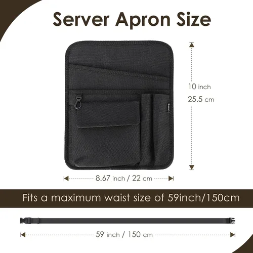 Miniatura 2 de Likesing Delantal de servidor, delantal de servicio con bolsillos para camarera, bolsa de herramientas de cintura para camarero con cinturón Negro