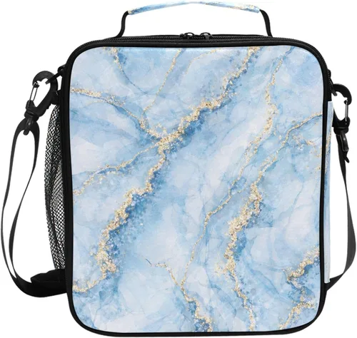 MNSRUU Bolsas de almuerzo para niños y niñas, estudiantes, mármol azul cielo con oro, reutilizable, aislada, bolsa térmica para comidas, organizador