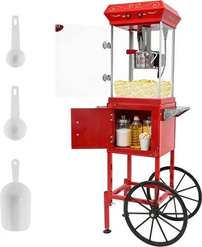 Máquina de palomitas de maíz de 8 onzas con carrito (rojo) - Máquina portátil de palomitas de maíz vintage, control de doble interruptor con 3