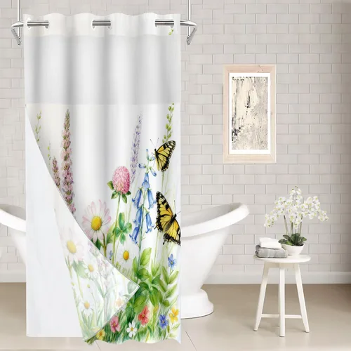 Miniatura 55 de Batmerry Cortina de ducha decorativa botánica con hojas blancas, flores románticas, borde victoriano, libélula y flores silvestres, bonita y ancha
