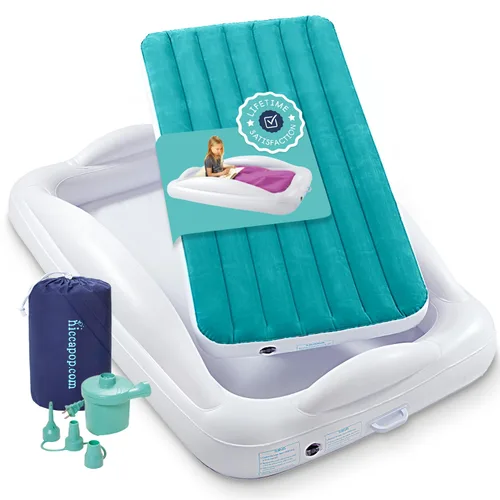 Miniatura 13 de hiccapop Cama inflable de viaje para niños pequeños con parachoques de seguridad [4 lados], cama portátil para niños, colchón de aire para niños