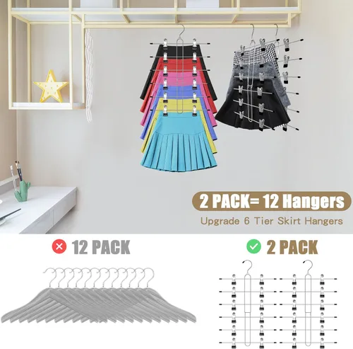 Miniatura 3 de Perchas para faldas de 6 niveles que ahorran espacio, paquete de 2 perchas para pantalones y faldas con clips para armario de mujer, organizador