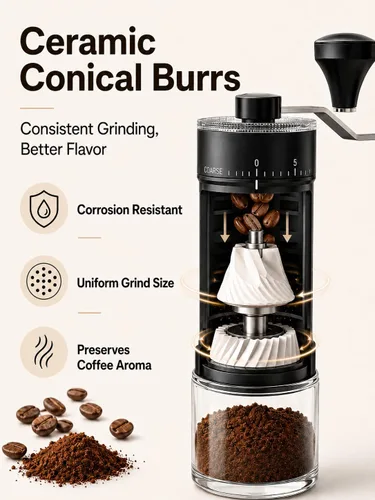 Miniatura 5 de Molinillo de café manual con rebabas de cerámica, 40 ajustes ajustables para expreso, V60, verter, campamento y viajes
