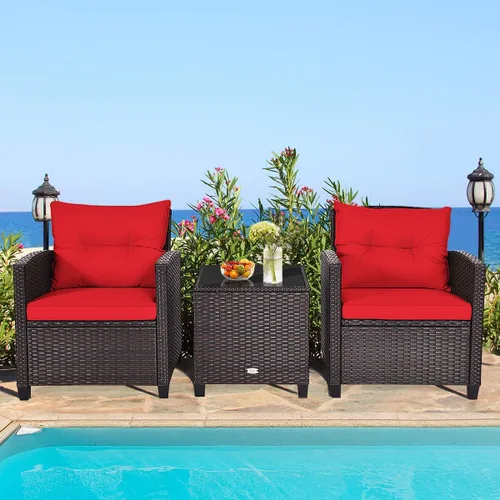 Miniatura 2 de HAPPYGRILL Juego de 3 piezas de conversación para patio, juego de muebles de exterior de ratán de polietileno con cojines extraíbles, sillas