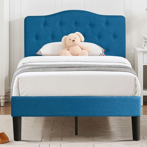 Miniatura 16 de VECELO Base de cama de plataforma de tamaño individual con cabecera tapizada de tela y soporte de listones de madera, no necesita somier/fácil