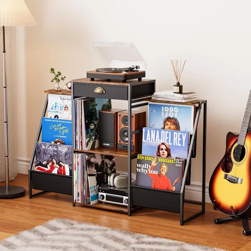 Miniatura 2 de JunVpic Soporte para tocadiscos con almacenamiento de vinilo, mesa de discos con soporte, estante y cajón de almacenamiento de vinilo de 6
