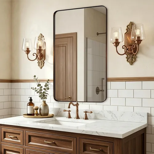 Miniatura 3 de ANDY STAR Espejo de baño de bronce para pared, espejo de pared de bronce de 24x40 pulgadas para tocador, espejo rectangular redondeado, marco