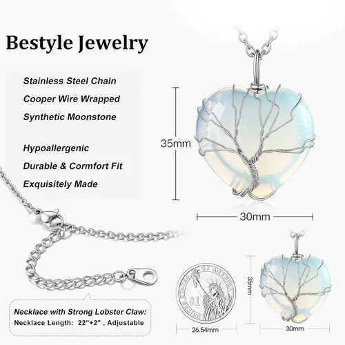 Miniatura 6 de Bestyle Collar de cristal curativo envuelto en árbol de la vida, colgante de piedra natal de 12 meses para parrillas de mujer, joyería de piedras
