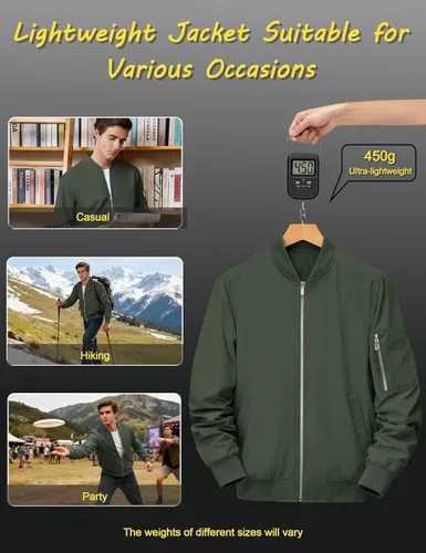 Miniatura 5 de CRYSULLY Chaquetas bomber ligeras para hombre, con cremallera completa, casual, rompevientos, de golf, a la moda, con bolsillo