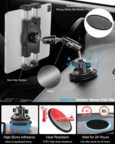 Miniatura 6 de Soporte resistente para tablet de automóvil, brazo de metal, soporte de tableta con ventosa para parabrisas de tableta, para camiones/automóvil