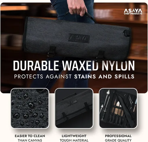 Miniatura 3 de Asaya Bolsa enrollable para cuchillos de chef, 20 bolsillos en total para cuchillos y utensilios de cocina, fabricada con nailon encerado resistente