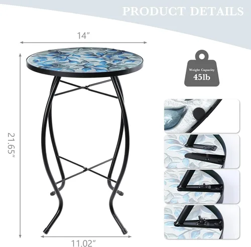 Miniatura 3 de MUMTOP Mesas auxiliares de patio, mesa auxiliar de mosaico para exteriores, 14 pulgadas, color azul y transparente, mesa auxiliar redonda de cristal