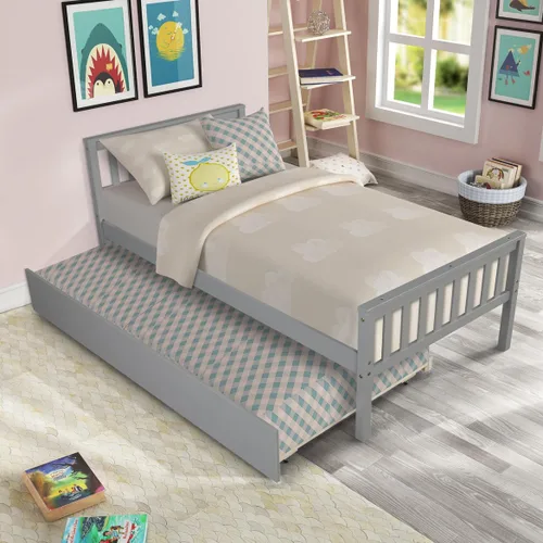 Miniatura 10 de Base de cama individual con nido, cama de plataforma individual con nido extraíble, marco de cama de plataforma doble de madera con cabecera y Blanco