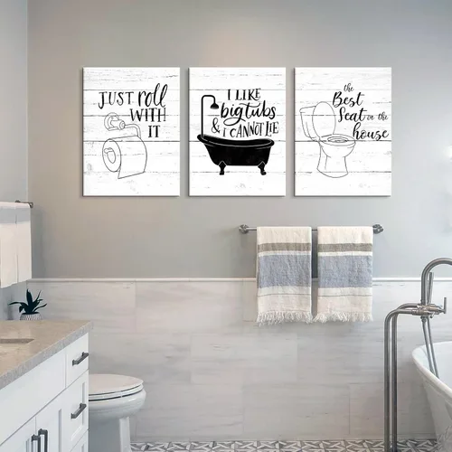 Miniatura 6 de Arte Gracioso de Baño en Lona para Pared en Blanco y Negro Juego de Inodoro y Tina Cartel Impreso en 3 Piezas Pintura de Citas de Baño Estilo Retro