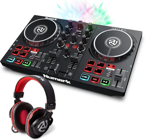 Paquete de controlador DJ - Set DJ USB con luces de fiesta, 2 cubiertas, mezclador DJ, interfaz de audio y auriculares DJ - Numark Party Mix II y