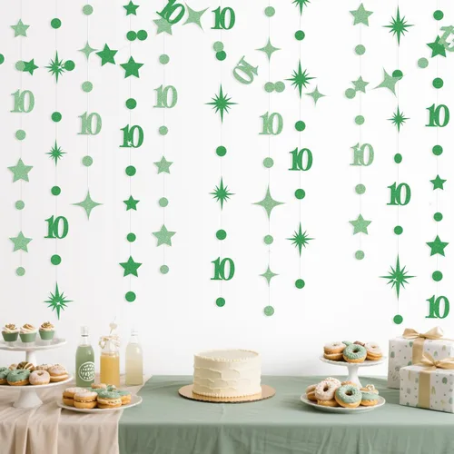Miniatura 8 de Decoraciones negras de cumpleaños número 10, guirnalda de estrellas centelleantes con diseño de círculos, telón de fondo metálico para niñas, niños