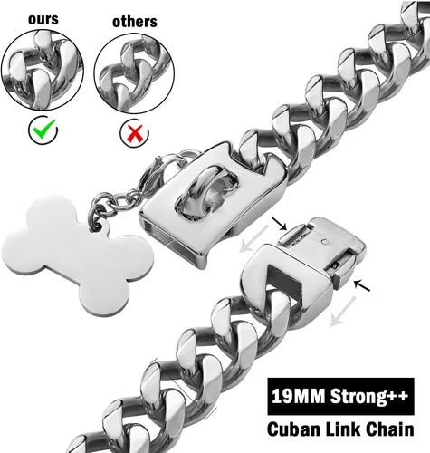 Miniatura 3 de Collar de cadena de plata para perros con diseño de hebilla de seguridad y etiqueta de identificación, collar para mascotas, fuerte cadena
