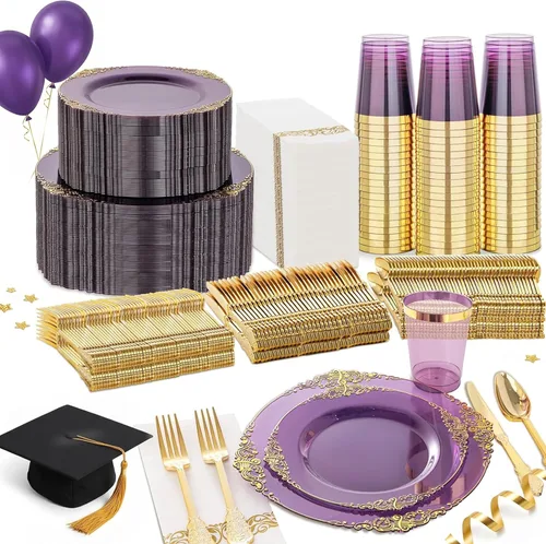 Miniatura 21 de Nervure 350 platos de plástico dorados, juegos de vajilla de plástico dorado para 50 invitados, 100 platos desechables, 150 cubiertos, 50 tazas, 50