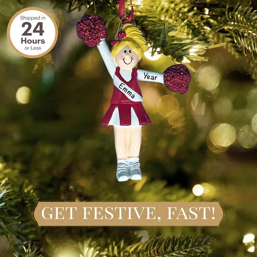 Miniatura 2 de Adorno personalizado de animadora 2026 Adornos de Navidad deportivos grabados con láser para árbol Animadora rubia personalizada con uniforme