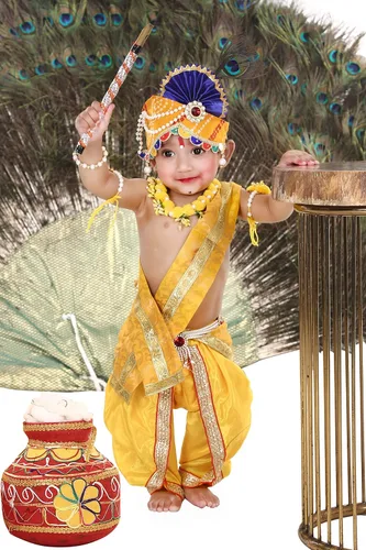 Raj Fancy Dresses Vestido Shri Krishna para bebés, niño y niña, vestido Janmashtmi con Dhoti Dupatta, vestido Kanha, para 3 meses a 8 años