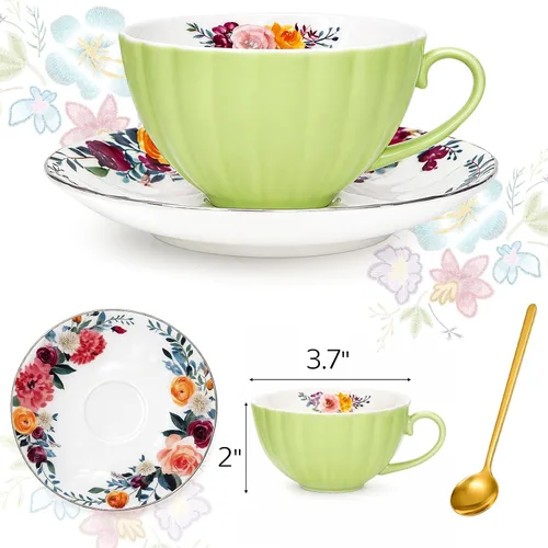 Miniatura 2 de Lyellfe Juego de 2 tazas de té y platillos, tazas de té florales de 8 onzas con cuchara, tazas de café británicas de porcelana para fiestas