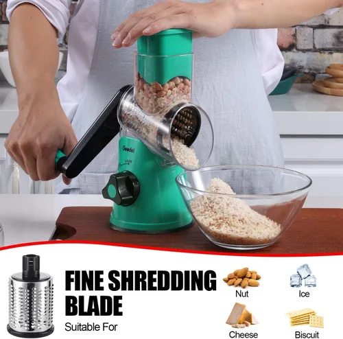Miniatura 5 de Rallador de queso giratorio Geedel con 3 cuchillas intercambiables, rallador de mandolina de cocina para verduras, frutas, nueces, fácil de limpiar