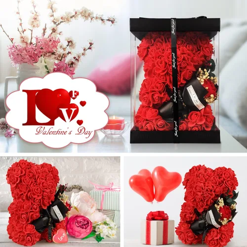 Miniatura 9 de Regalos de oso de rosas para mujer, rosa artificial de oso de rosas con collar I Love You, ramo de flores romántico, regalo para esposa, mamá