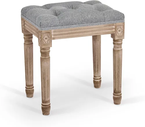 VONLUCE Taburete francés vintage con patas de madera rústica y asiento acolchado, taburete tapizado de espuma viscoelástica de 18.5 pulgadas de alto