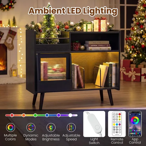 Miniatura 4 de Giantex Soporte grande para tocadiscos con luz LED, soporte para tocadiscos moderno de mediados de siglo con puerta deslizante, estación de carga
