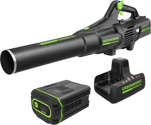 Greenworks Soplador de hojas inalámbrico sin escobillas de 82 V (760 CFM/140 MPH), batería de 4.0 Ah y cargador de doble puerto (ideal para