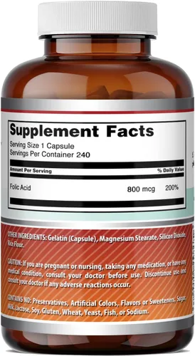 Miniatura 5 de Amazing Formulas Suplemento de ácido fólico (vitamina B9) de 800 Mcg, cápsulas Sin OMG Sin gluten Fabricado en Estados Unidos