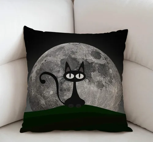 Miniatura 2 de Swono Funda de cojín de arpillera con diseño de gato negro en una hermosa noche con luna llena, funda de cojín decorativa para sofá, sofá, cuadrado