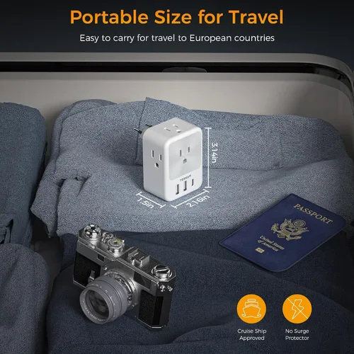 Miniatura 5 de TESSAN Europe - Adaptador de enchufe de viaje europeo, 2 unidades, adaptador de corriente internacional con 4 tomas de corriente, 3 puertos de carga