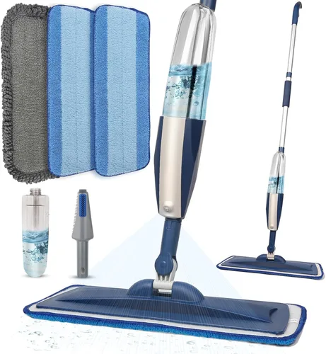 Trapeadores para limpieza de suelos con rociador húmedo con botella recargable de 14 onzas y 3 almohadillas de microfibra lavables, uso doméstico o