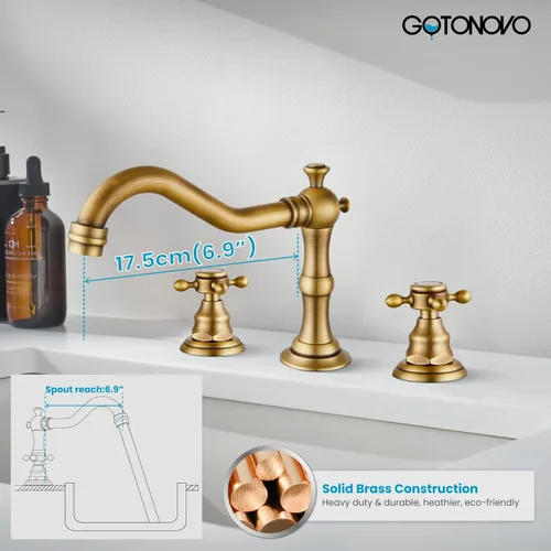 Miniatura 8 de gotonovo Grifo de lavabo de baño de 3 orificios extendido, grifo mezclador de doble manija cruzada para lavabo de baño, grifo de tocador, montaje