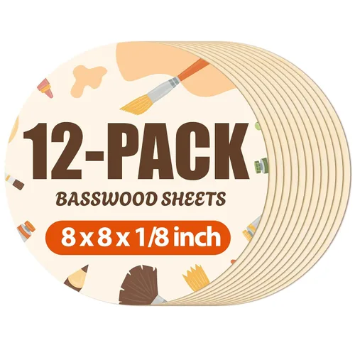 Miniatura 32 de Paquete de 12 hojas de tilo Rowood, 12x12x1/8pulgadas, tilo de 3mm para corte láser, kits de manualidades para adultos, tablero de madera