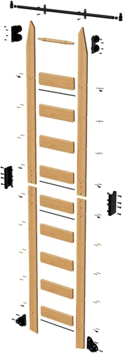 Kit de escalera de biblioteca rodante de 10 pies, madera de roble rojo macizo, rodillo superior telescópico, estilo estable y diseño funcional