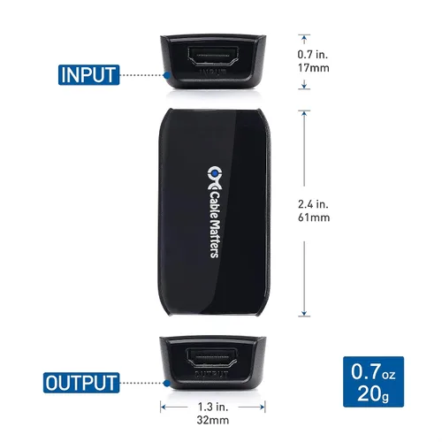 Miniatura 6 de Cable Matters Repetidor HDMI activo (amplificador de señal HDMI 2.0 hembra a hembra) con resolución 4K 60Hz y HDR para reproductor Blu-ray, HDTV