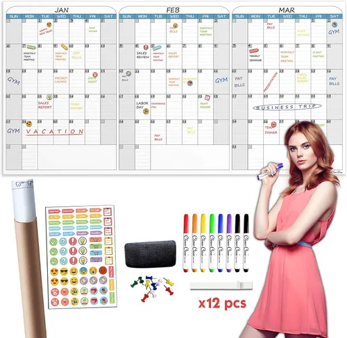 CLEVER CLEAN Calendario de pared grande de borrado en seco, 36 x 72 pulgadas, calendario de 3 meses sin fecha para el hogar, escuela, proyectos de