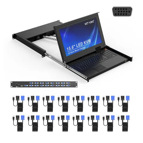 Miniatura 9 de MT-VIKI Consola KVM HDMI de 8 puertos, consola KVM de montaje en rack 1U con monitor LCD de 15.6 pulgadas, panel táctil integrado de profundidad