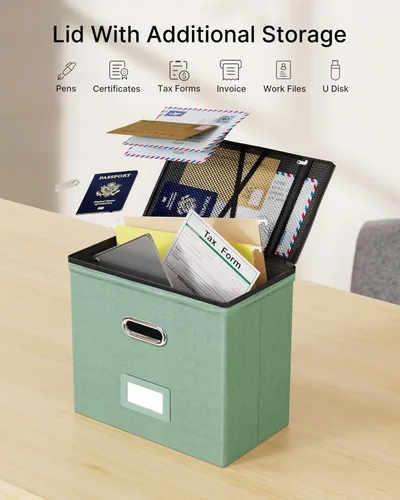Miniatura 2 de Oterri Paquete de 2 cajas organizadoras de archivos con tapas, caja de archivos con bolsillos de malla, caja organizadora de documentos para Verde
