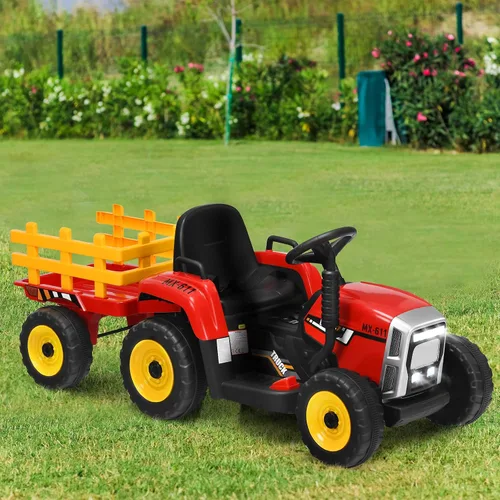 Miniatura 9 de OLAKIDS Tractor de paseo para niños de 12 V, vehículo eléctrico 2 en 1 con control remoto, remolque desmontable, juguete de conducción a batería Rojo