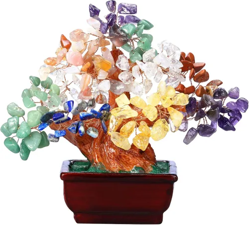 Jovivi Gema natural de cristal de 7 chakras para árbol de dinero, base de resina estilo bonsái, decoración de Feng Shui para árboles artificiales de