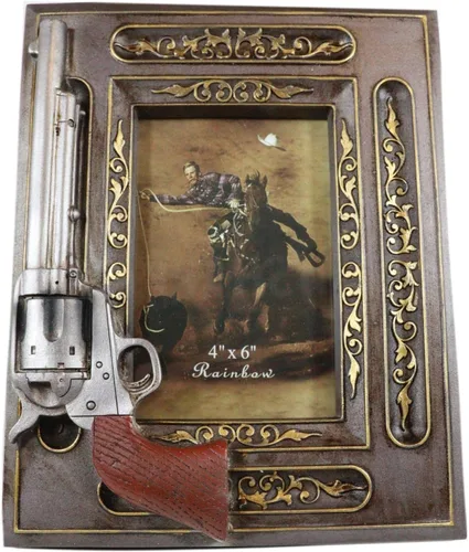 Ebros Gift Rústica pistola del oeste salvaje oeste con volutas florales doradas, madera sintética, marco de fotos de 4 x 6 pulgadas, marco de fotos