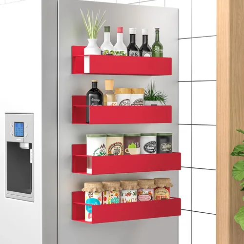 HuggieGems - Organizador magnético de almacenamiento de especias para refrigerador y horno, paquete de 4, color rojo